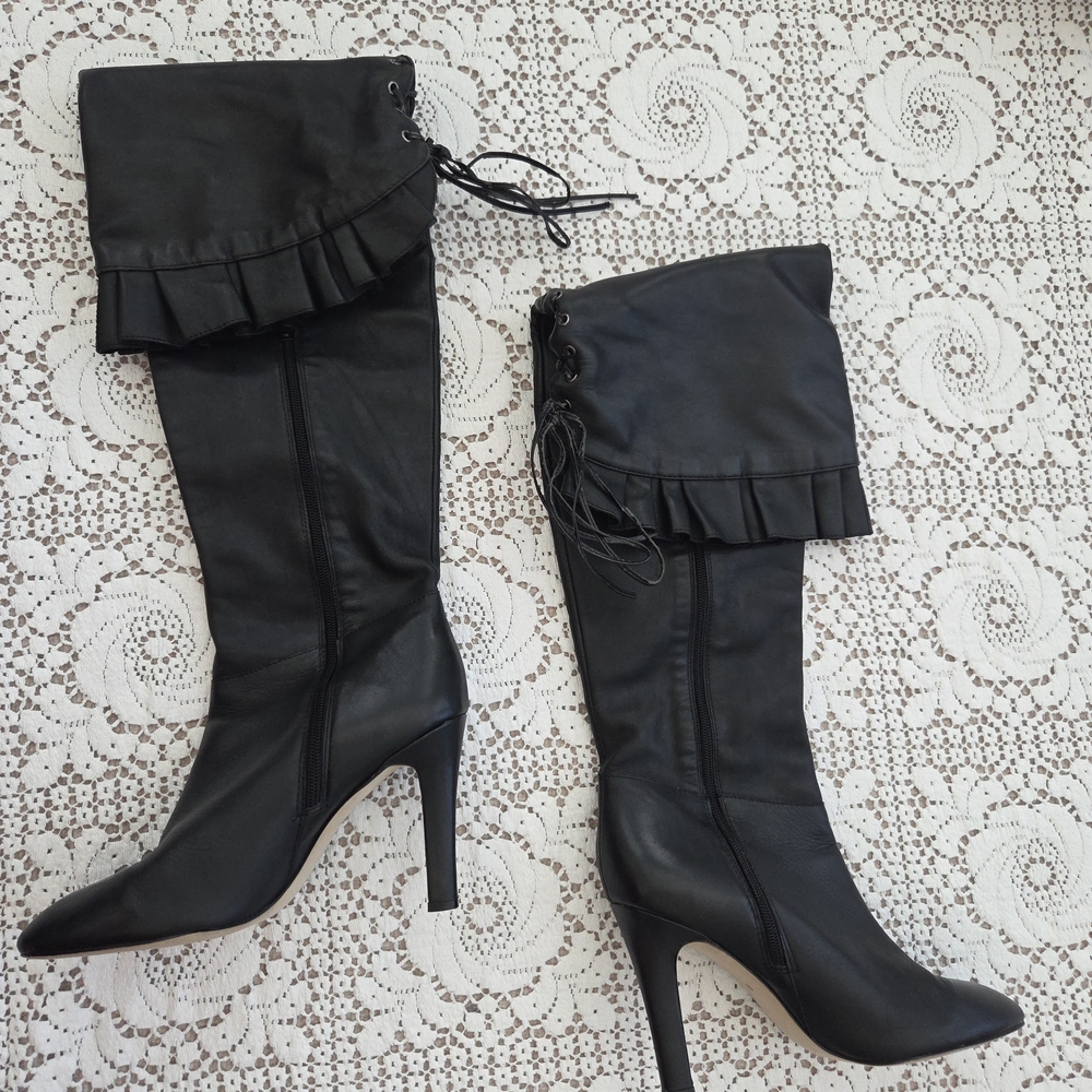 Kelsi Dagger Black Over-the-Knee Lace-Up Ruffled Cuff Stiletto Boots Size 10 - Picture 3 of 8